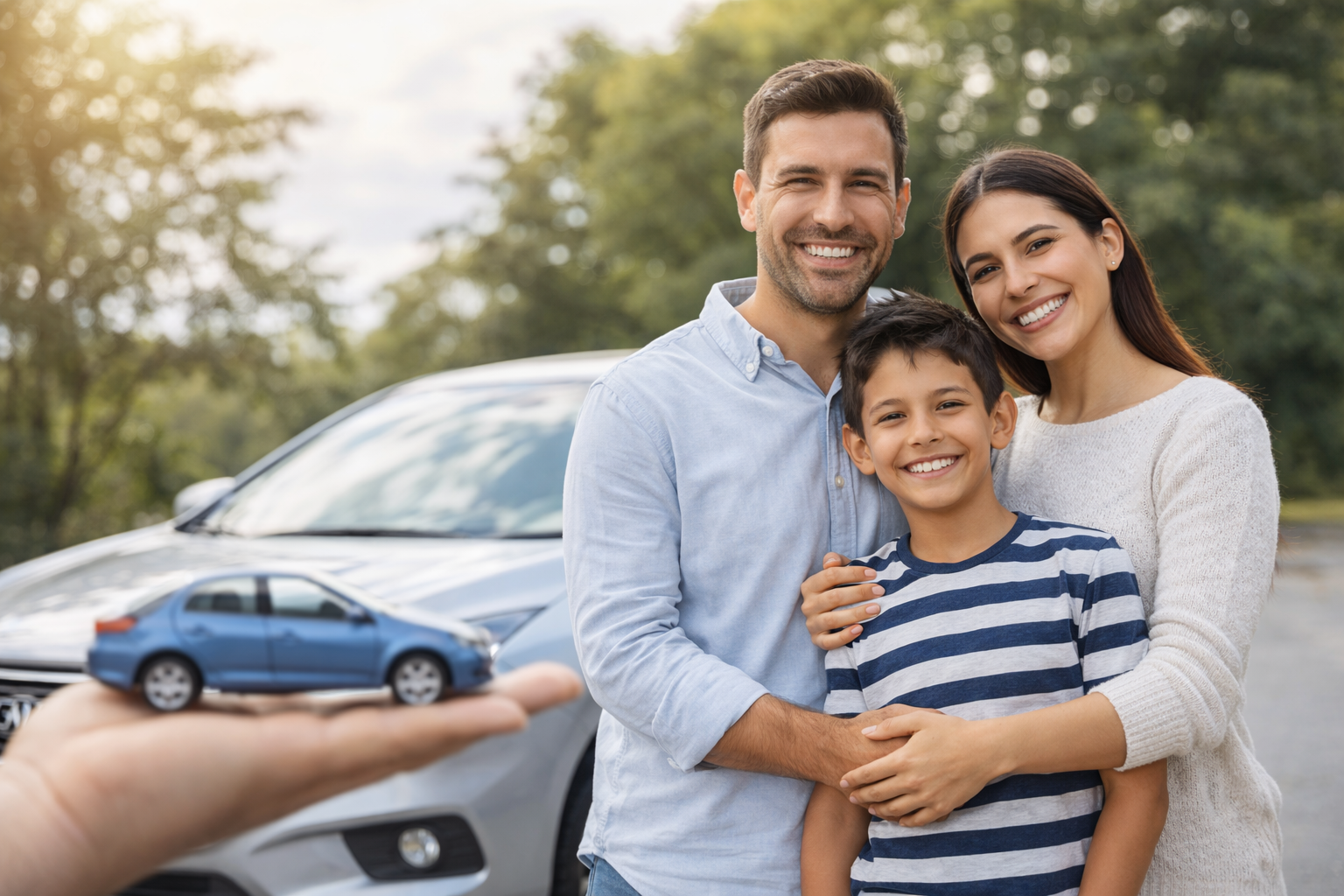 Familia protegida junto a su auto